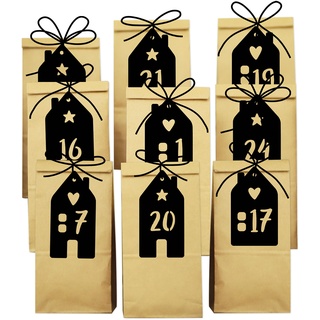 Papierdrachen DIY Adventskalender 2023 zum Befüllen - 24 braune Geschenktüten und 24 schwarzen Etiketten - Motiv Häuser - zum Basteln und Verschenken - Set 2
