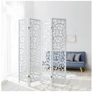 Homestyle4u Paravent Raumteiler 4 teilig Kiefer Holz Ornamente, Weiß 173x175 cm 1056
