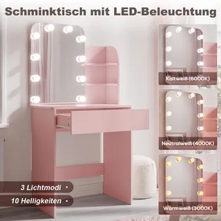 SONNI Pink Schminktisch mit dreifarbigem Glühbirnen Spiegel einstellbare Helligkeit mit Kommode 70x40x140cm kompakte Kommode Schminktische - Rosa