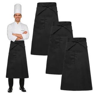 3 Stück Schürze Schwarz, Küchenschürze, Vorbinder Schürze Lang, Kellnerschürze mit Tasche,Schürzen Gastronomie,69x68cm, Black Apron Catering, Halbschürze, Servierschürze, Latzschürzen Gastronomie