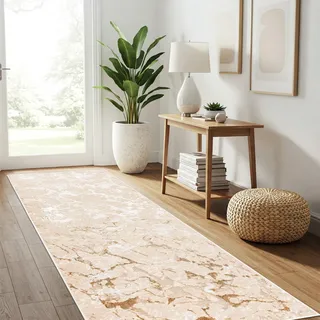 TAPISO Crystal Teppichläufer Kurzflor Glänzend Beige Gold Creme Weiß Marmoreffekt 3D Effekt Wohnzimmer Schlafzimmer Modern Design ÖKO-TEX 80 x 300 cm