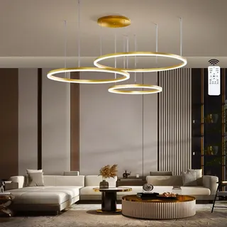LIUYU Pendelleuchte 3 Ringe Gold dimmbar 20/40/60cm 75W | LED Pendelleuchte, 3 Ringe, gleichmäßiges Licht. Farbtemp. & Höhe (120 cm) einstellbar, Memory, Alu-Acryl