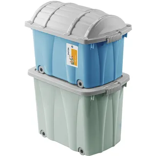PAFEN Piraten Spielzeugkisten SET  2x Schatzkiste 49l + 62l mit Rollen Grün/Blau