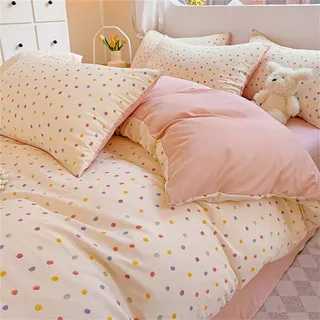 ZBOOM Rosa Punkte Bettwäsche 135x200cm Zweiteilig Mädchen Bettwäsche Bunt Dots Muster Bettbezug Damen Microfaser WendeBettwäsche Weiß Hellrosa mit Reißverschluss und Kissenbezug 80x80