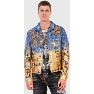 Jeansjacke CIPO & BAXX "Jacke", Herren, Gr. S, blaugold, 98% Baumwolle;2% Elasthan, bedruckt, casual, regular fit normal, Langarm, Jacken, mit coolem Allover-Motiv