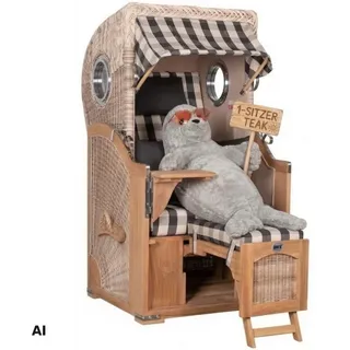 MR.DEKO Strandkorb 1-Sitzer Single Teak Shell Volllieger mit Bullaugen, BxTxH: 96x80x165 cm, Vollieger, Düne Single, (Fertig montierter Strandkorb für Garten, Terrasse & Balkon, 1-tlg), Wetterfester Volllieger mit Edelstahlbeschlägen & waschbaren Polstern braun