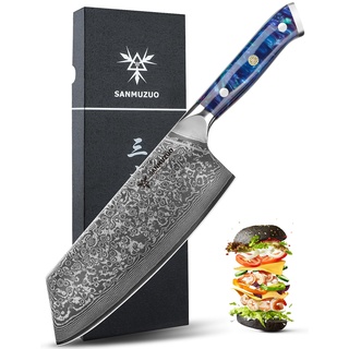 SANMUZUO Nakiri Messer 19 cm Profi Küchenmesser Damastmesser, Xuan Serie, VG10 Damaskus Stahl Küchenmesser mit Harz Griff(Saphirblau)