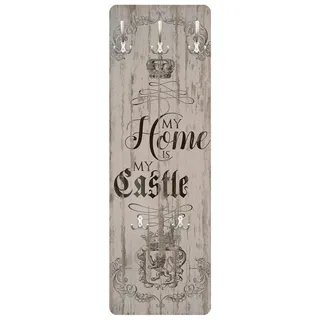 Bilderdepot24 Garderobenpaneel beige Holzoptik Bretteroptik Vintage Shabby My Home is my Castle (ausgefallenes Flur Wandpaneel mit Garderobenhaken Kleiderhaken hängend), moderne Wandgarderobe - Flurgarderobe im schmalen Hakenpaneel Design beige