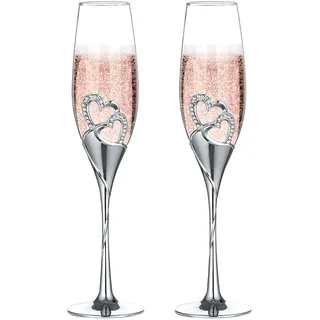 NUPTIO Sektgläser Champagner Gläser, Silber, Kristallgläser, 2 Stück | Silberner Stiel, Geschenkidee, für Hochzeit Jubiläum, Party, Brautpaar, Festtafel