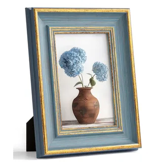 Afuly Vintage Bilderrahmen 10x15 Gold Blau Fotorahmen Picture Frames | Stabile Konstruktion, Aufhängevorrichtung, Leicht zu öffnende Rückwand, Deko für Wand Tisch, Family Geburtstag Geschenke