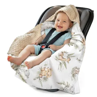 Medi Partners Einschlagdecke Baby Babyschale 100% Baumwolle für Sommer 85x85cm Kinderwagen Kuscheldecke universal Baby Decke Einschlagdecken Babydecke Buggy Autositz(Safari mit beigem Minky)