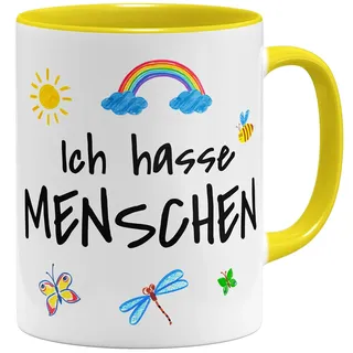 OM3® witzige Kaffee-Tasse mit frechem Spruch - ich hasse Menschen (kindisch) - Schwarzer Humor - Keramik Becher - 325ml - Beidseitig Bedruckt - Gelb