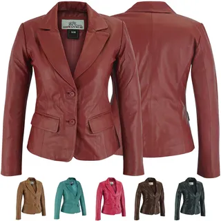 German Wear Damen Lederblazer Lederjacke Blazer Echtleder Jacke aus Lammnappa Leder Schwarz L Weinrot - L