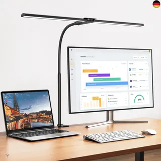 EppieBasic Schreibtischlampe LED Dimmbar, 1200 Lumen Doppelkopf Klemmbar für Homeoffice, Augenschutz Schwanenhals Büro Tischlampe, Monitor Lampe Schwarz mit 5 Farbtemperatur-Helligkeitsstufen