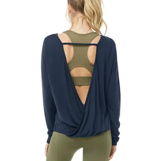 Muzniuer Damen Langarmshirt mit offenem Rücken, lockerer Rückenausschnitt, Yoga-Hemden mit Daumenloch - blau - Groß - L
