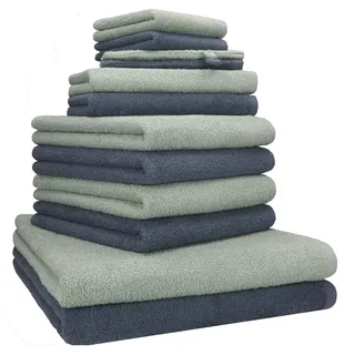 Betz Handtuch Set Berlin 12-teilig - 2 Duschtücher 70×140 cm, 4 Handtücher 50×100 cm, Baumwolle (Set, 12-St), Gästetücher 30×50 cm, 2 Seiftücher 30×30 cm, 2 Waschhandschuhe grau|grün