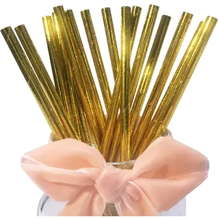 Metallic Gold Papier Strohhalme, 100 Stück Biologisch Abbaubar Volltonfarbe Golden Party Trinkhalme Einweg für Party Cocktail Dekoration Geburtstag Hochzeit