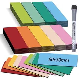 BIROYAL 50Stk Magnetstreifen Beschreibbar - 8X3cm Whiteboard Magnete zum Beschriften - Magnetschilder zum Beschriften für Magnettafel Kühlschrank Metallschrank - Whiteboard zubehör - inkl. 1 Marker