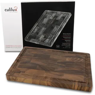 CULILUX® Gourmet Schneidebrett M Stirnholz Walnuss 2-seitig mit Saftrille, antiseptisches Hirnholz-Holzbrett als Schneidebrett und zum Servieren
