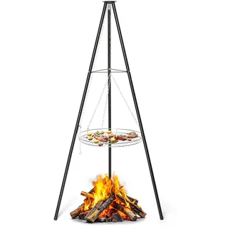 LEADZM Schwenkgrill ohne feuerschale inkl. 48 cm Grillrost - Dreibein grill - Höhenverstellbar, große Grillfläche - Outdoor, BBQ, Camping - Schwarz