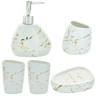 G Decor 5-teiliges Badzubehör-Set aus weißer und Goldener Marmor-Keramik, inklusive Flüssigseife oder Lotionspender, Zahnbürstenhalter, Zwei Becher, Seifenschale