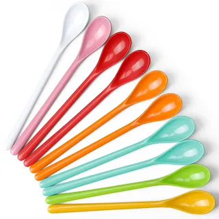 Mispudin 10 Stück Plastiklöffel langer Stiel 18,5cm, Eislöffel Plastik Lang | Eierlöffel Kunststoff Bunt, Mehrweg, Joghurtlöffel lang, Marmeladenlöffel, Dessertlöffel, für Longdrink, Tee, Kaffee & Mokka