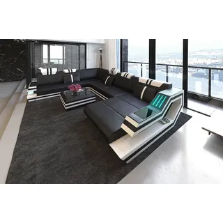 Sofa Dreams Wohnlandschaft Sofa Leder Ledercouch Ravenna XXL U Form Ledersofa, Couch, mit LED, wahlweise mit Bettfunktion als Schlafsofa, Designersofa schwarz