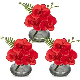Kunstblumen 3er Set Orchideen Glasvase Wohnzimmer Büro Bad Rot