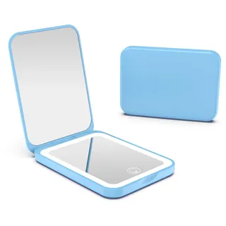 Kintion LED Taschenspiegel, 1X/3X Reisespiegel mit licht, Wiederaufladbarer Taschenspiegel, 3 Farbtemperatur Klappbar, Dimmbar, Kleine Handtaschenspiegel für Frauen als Geschenk, Blau