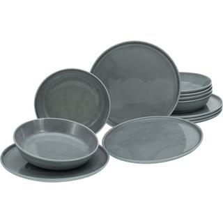 CreaTable Tafelservice Chef Collection (12-tlg), 6 Personen, Porzellan, Geschirr, Teller Set, Suppenteller, Speiseteller, nordisches Design grau
