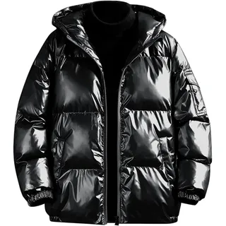Vagbalena Herren Hoodie Metallic Daunenjacke Warme und leichte wasserdichte Daunenjacke mit Kapuze Voller Reißverschluss Glänzende Steppjacke Daunenjacke (Schwarz,XXL) - XXL