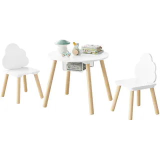 WOLTU Kindertisch mit 2 Stühlen, 3tlg. Kindersitzgruppe, Weiß | Kinder Tisch Stuhl Set mit Stauraum Netztasche, Kinderstuhl mit Wolken-Rückenlehne, für klein Kinder Vorschüler