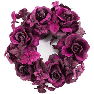 artplants.de XXL Ring, Rosenköpfen, Hortensienblüten, violett, Ø 15cm - Kerzenring - Kerzenkranz