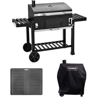 TAINO HERO XXL Holzkohlegrill Set Abdeckhaube Grillplatte Smoker Grillwagen BBQ