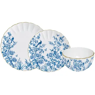Edles 3-teiliges Geschirr-Set aus Porzellan – Blau-Weißes Blumenmuster mit Goldrand – Set aus Speiseteller (26 cm), Dessertteller (19 cm) und Schale (12 cm) – Vintage Landhaus-Stil (3er-Set Teller)