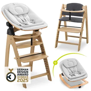 Hauck Arketa Oak 4-tlg. Newborn Set Eco - Hochstuhl + 2in1 Babyaufsatz & Wippe + Sitzkissen - Light Grey / Charcoal