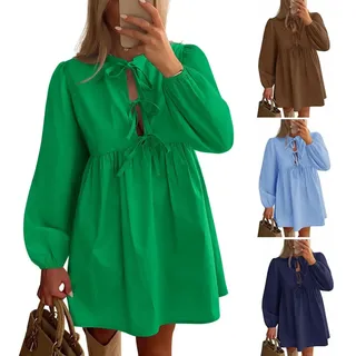 YGSIKY Damen Minikleid mit Langen Puffärmeln und Fliege vorne,Schößchen,Herbstkleider,A-Linie kurzes Rüschenkleid süßes fließendes Tunikakleid,Babydoll-Schößchen,lässiges Mini-Tunikakleid