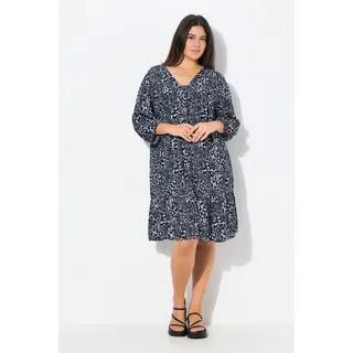 Ulla Popken Damen große Größen Übergrößen Plus Size Kleid, Volantsaum, A-Linie, V-Ausschnitt, 3/4-Arm Marine 46+ 837607130-46+ - 46-48