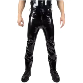 GAYLOP Latex Pants Herren Latex Jeans Schwarz 4XL, 0,4 MM Dicke Lange Latexhose Mit Taschen Maßanfertigung, Skinny Punk, Slim Fit, Einfarbig, Sleeveless, Niedrige Taille, Handgefertigt, Maßanfertigung - 4XL