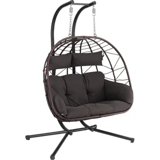 HinHocker Hängesessel für 2 Personen mit Gestell | Braun | XXL Hängeschaukel für Indoor und Outdoor | Inkl. Kissen und Auflagepolster | Hängesessel Outdoor, Gartenschaukel, Schaukelstuhl