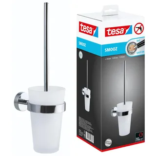 tesa SMOOZ WC-Garnitur, satiniertes Glas und verchromter Edelstahl - Toilettenbürsten-Set zur Wandbefestigung ohne Bohren, inkl. Klebelösung - 137 mm x 97 mm x 410 mm