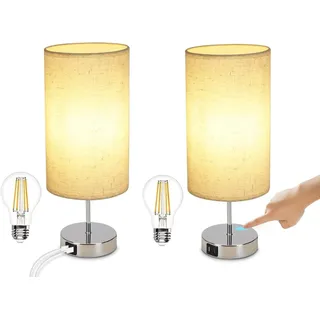 Nettlife Nachttischlampe Touch Dimmbar Warmweiße Tischleuchte für Schlafzimmer Stufenlosem, mit Ladefunktion USB, LED wechselbar, Warmweiß, für Schlafzimmer kinderzimmer Bedside silberfarben Rund