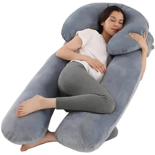CALIYO Schwangerschaftskissen 2-teilig in U-Form, Seitenschläferkissen mit Bezug, Stillkissen groß, Pregnancy Pillow und Komfortkissen für Erwachsene (Grau, Kristallvelour)