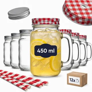 gouveo 12er Set Trinkglas 450 ml (0,45 l) mit Henkel und Schraubdeckel silberfarben + rot – Henkelglas mit Mehrweg-Trinkhalm aus Hartkunststoff für Garten, Bowle, Cocktails (TGH450SR)