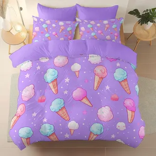 Generisch Weiche Microfaser Bettwäsche Cartoon - Lila Wende Atmungsaktiv Bettwäsche Set, Sterne Eiscreme Bedruckter Bügelfrei Bettbezüge Mit Reißverschluss für Erwachsene Jungen Mädchen, 150x200 cm