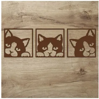 Namofactur Wanddekoobjekt XXL Wandbild 3 Katzen im Rahmen (3-teilig), Wanddeko '3 Katzen' Wandgestaltung für dein Wohnzimmer / Schlafzimmer braun