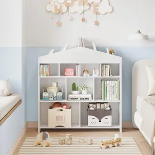 GarveeMore Hausförmiges Kinder Bücherregal aus Holz – 15 Fächer, stabiles Standregal mit Kippsicherung – Für Bücher & Spielzeug im Kinderzimmer, Spielzimmer, Weiß