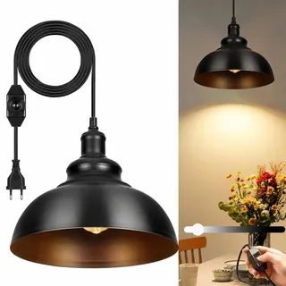 Glighone Hängelampe mit Stecker Dimmbar 22CM Vintage Pendelleuchte Schwarz | E27 Lampefassung Retro Hängelampe mit Schalter 5m Kabe Metall Hängeleuchte Pendelleuchte für Küche Schlafzimmer Wohnzimmer