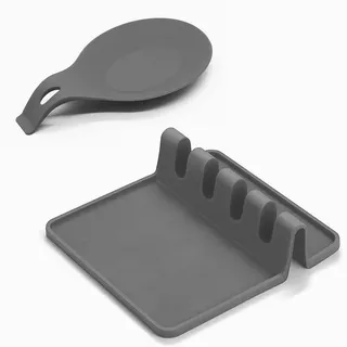 Silikon-Utensilienablage mit Abtropfpad für mehrere Utensilien, große Löffelablage für Schöpflöffel, Pfannenwender, Zange, Gabel – 2er-Set (grau)