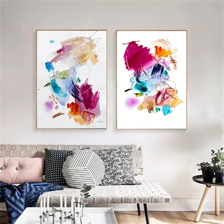 Sarah Duke 2er Set Abstrakt Poster, Bunt Aquarell Kunst Wandbilder, Ohne Rahmen Stilvolles Leinwandposter, Modern Wanddeko für Schlafzimmer Wohnzimmer (50 x 70 cm)